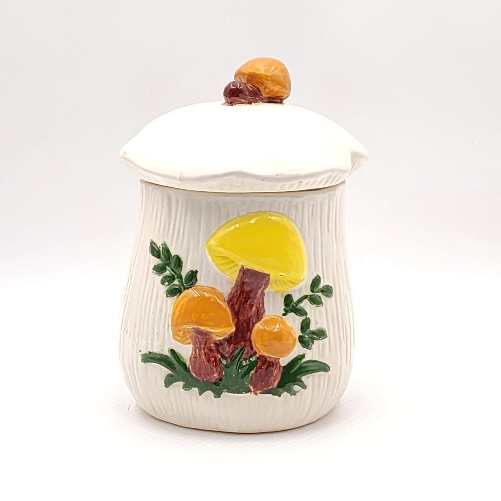 Vintage 1970s Arnel's Ceramic Mushroom Canister Cookie Jar Lid Yellow & Orange